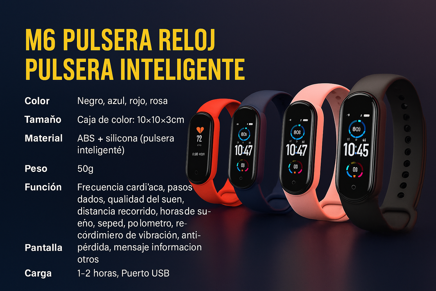 🔥 M6 Smartwatch Fitness Inteligente – ❤️ Frecuencia Cardíaca, 💤 Sueño, 👣 Pasos y Más