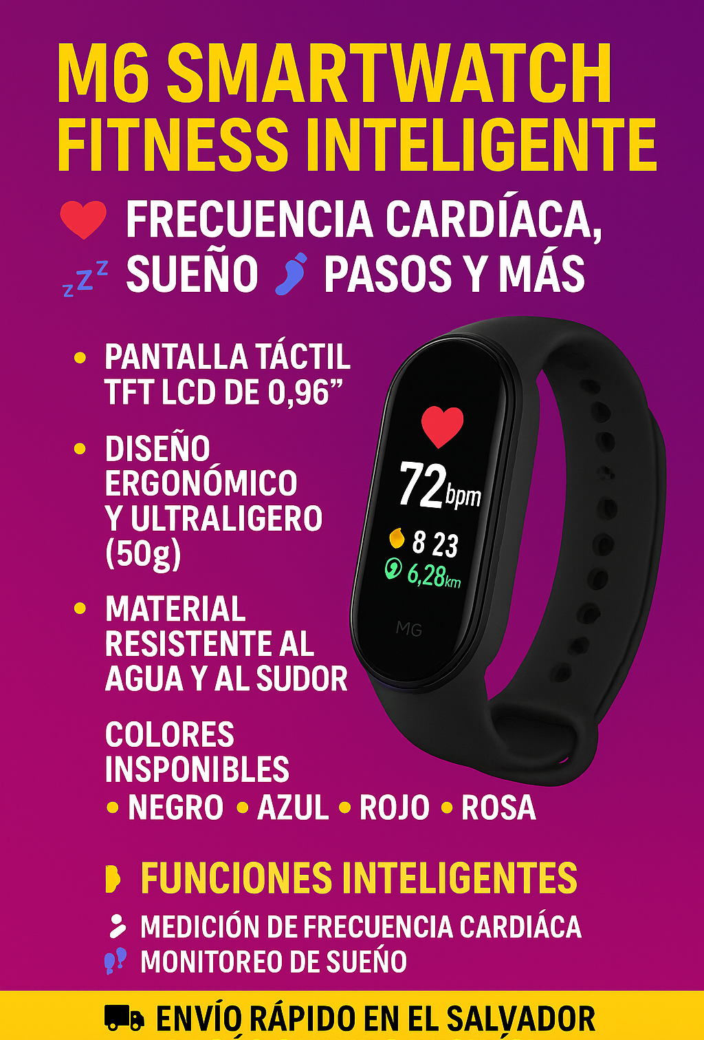 Smartwatch M6 negro con pantalla táctil y monitoreo cardíaco
