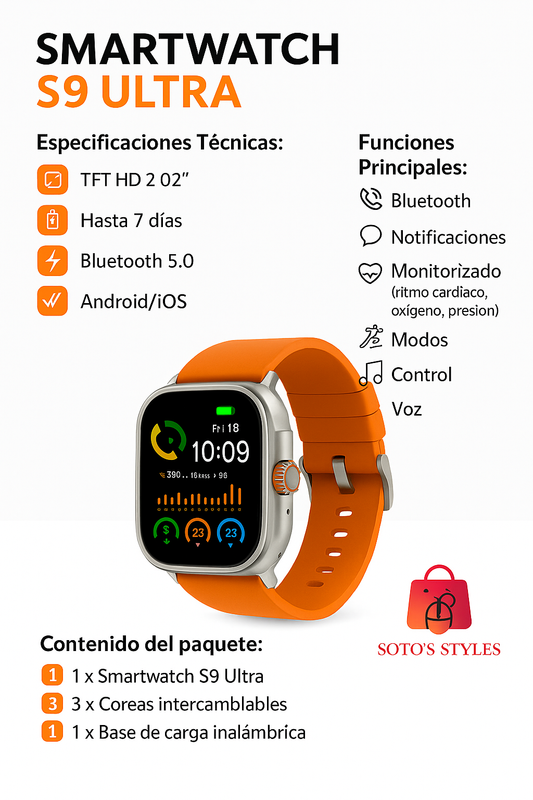 Smartwatch S9 Ultra con 3 correas intercambiables, carga inalámbrica y pantalla HD, ideal para monitoreo de salud y conectividad Bluetooth