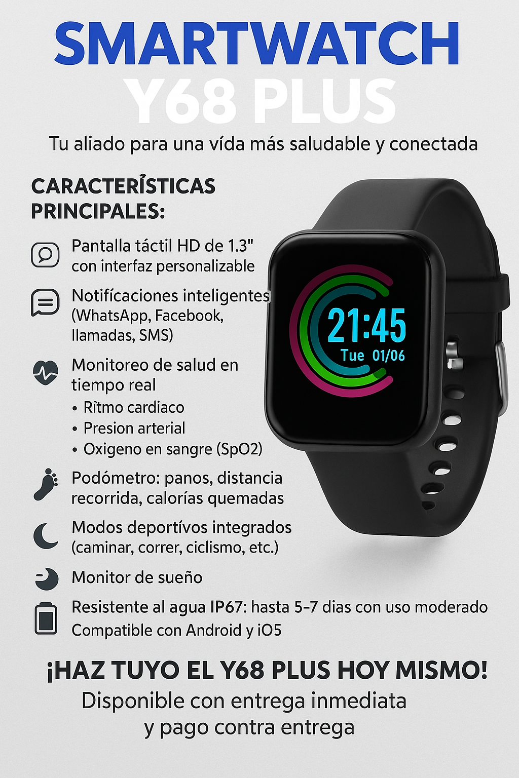 Smartwatch Y68 Plus negro con pantalla táctil, monitoreo de salud y notificaciones, compatible con Android y iPhone